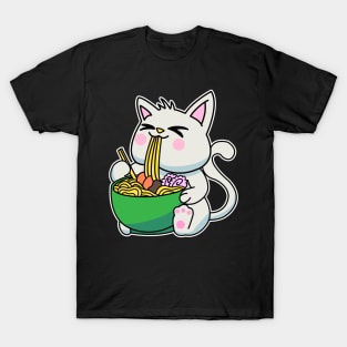 Anime Kawaii Ramen Eating White cat Japanese Noodles T-Shirt